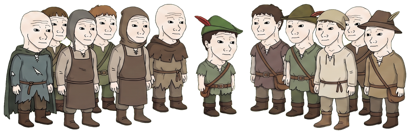 a crowd of little guys in medieval peasant clothes gathered around the little guy in his green robin hood cap