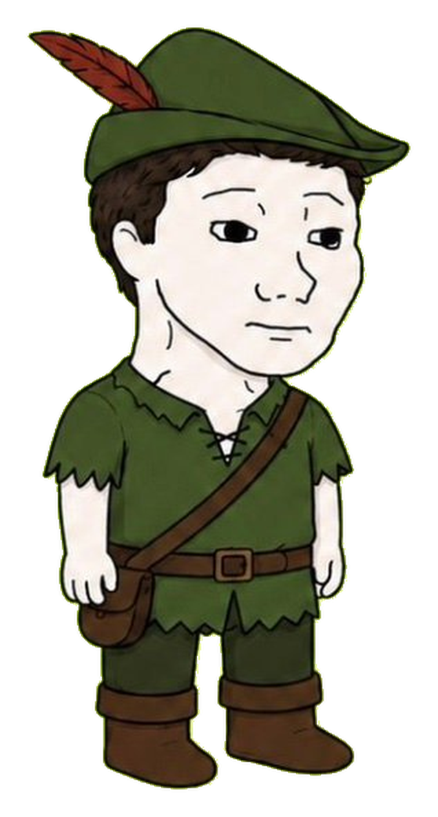 the little guy: a tired wojak in a green Robin Hood cap with a red feather, tunic, satchel and boots
